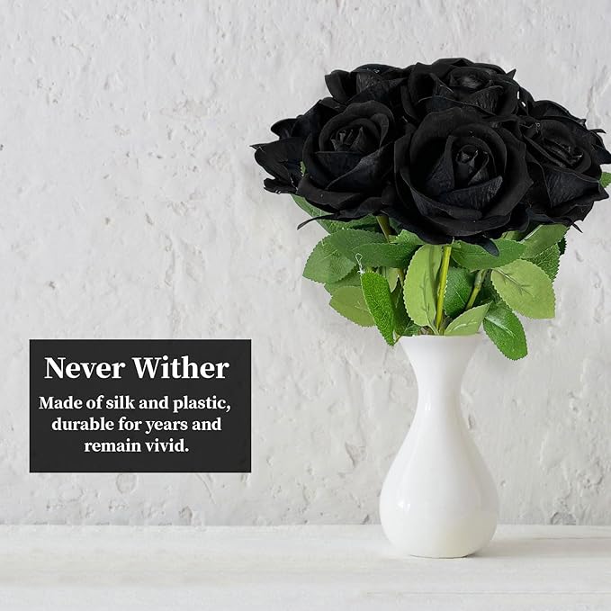 10 PCS Artificial Roses with Long Stems Silk Flowers Realistic Foam Flowers Fake Roses for Valentine's Day Home Wedding Halloween Decor(Black)