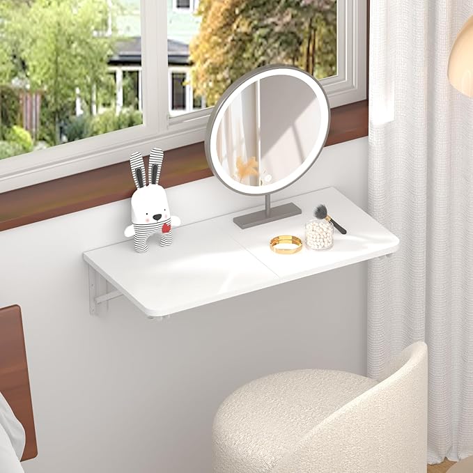 TEAMIX Wall Mounted Desk, White Folding Desk for Small Spaces Floating Shelf Organizer with Heavy-Duty Brackets for Home Office