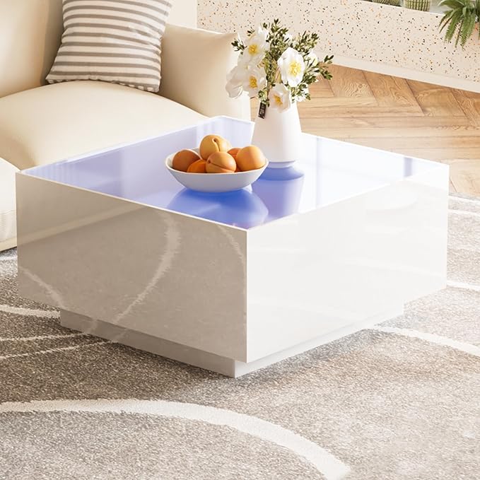 Modern White LED Coffee Table with 5mm Frosted Tempered Glass Top, High Gloss Finish, 16-Color App-Controlled Lights, Sturdy MDF Base, Easy Assembly, 27.56"x27.56"x13.78"