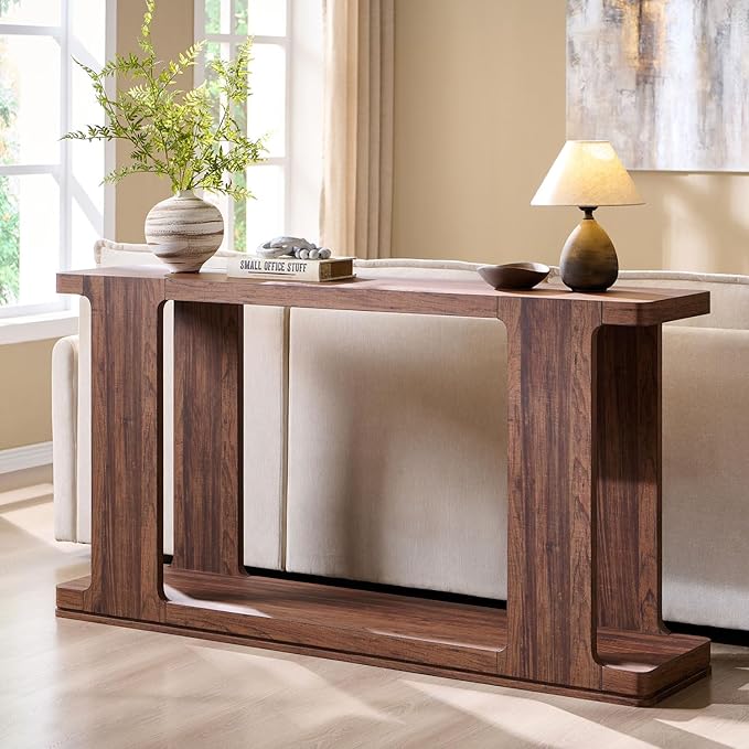 OKD 63 Inch Modern Entryway Console Table, 2-Tier Long Sofa Table Behind Couch with Curved Edge, Wood Farmhouse Narrow Entry Table for Hallway, Living Room, Foyer, Entrance, Rustic Walnut