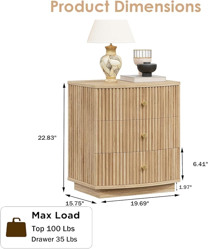 Grooved Wood End Table with 6 Drawers, Curved Edge Storage Side Table, Six Drawer Nightstand Compact Sofa Bedside Table for Bedroom, Living Room and Small Spaces, Natural X2