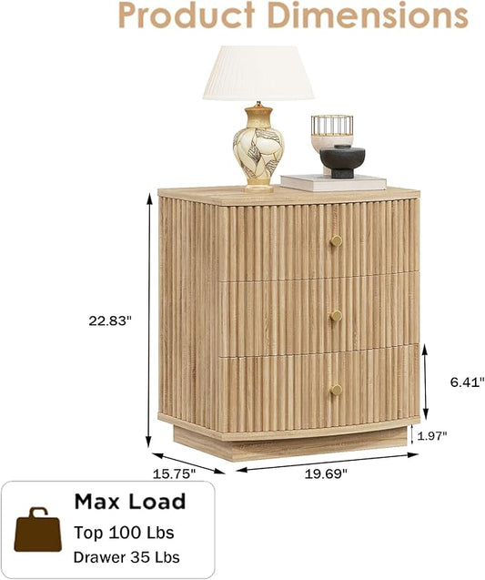 Grooved Wood End Table with 3 Drawers, Curved Edge Storage Side Table, Three Drawer Nightstand Compact Sofa Bedside Table for Bedroom, Living Room and Small Spaces, Natural