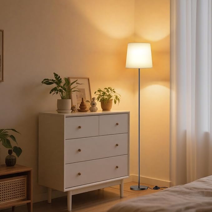 Floor Lamp with White Fabric Shade - Color Chaning Standing Lamp with Foot Switch, 3 Color Temps, 9W E26 LED Bulb Included, 62" Floor Reading Light for Living Room Bedroom Office Corner