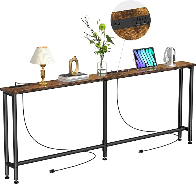 90" Narrow Sofa Table - 2 Power Outlets & 4 USB Ports, Metal Frame,Perfect for Hallway, Office, and Behind Sofa - Easy Assembly, 4.9ft Extension Cord Included Rustic Brown