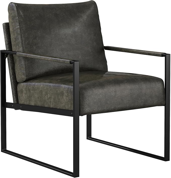 CANMOV Mid Century Modern Accent Chair, PU Leather Armchair with Metal Frame,Comfy Single Reading Chair with Soft Padded Backrest and Cushion for Living Room, Bedroom,Reading Room,Office,Dark Grey