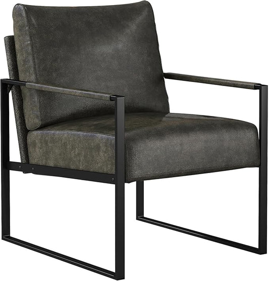 CANMOV Mid Century Modern Accent Chair, PU Leather Armchair with Metal Frame,Comfy Single Reading Chair with Soft Padded Backrest and Cushion for Living Room, Bedroom,Reading Room,Office,Dark Grey