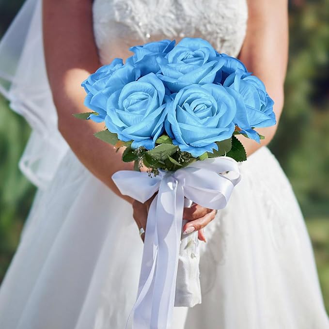 10 PCS Artificial Roses with Long Stems Silk Flowers Realistic Foam Flowers Fake Roses for Valentine's Day Home Wedding Decor(Light Blue)