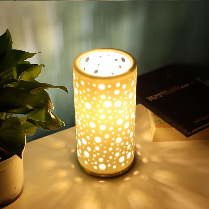 Small Modern Ceramics Bedside Table Lamp, 4 x 4 x 8 Inch White Round Hole Style Nightstand Lamps, Side Table Lamps for Bedroom Living Room Entryway Table Light