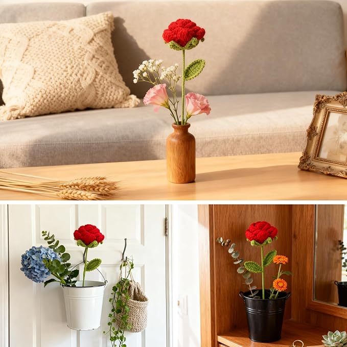 Hand-Crocheted Pink Rose Heart Bouquet - DIY Floral Doll Gift for Women, Girlfriend - Valentine's, Birthday, Home Office Desk Decor