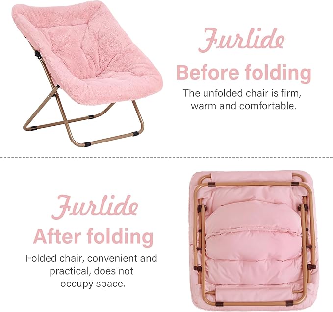 Dorm Chair with Ottoman, X-Large Soft Saucer Chair, Oversized Folding Faux Fur Accent Chair, Foldable Metal Frame Chair for Bedroom, Living Room (Pink)