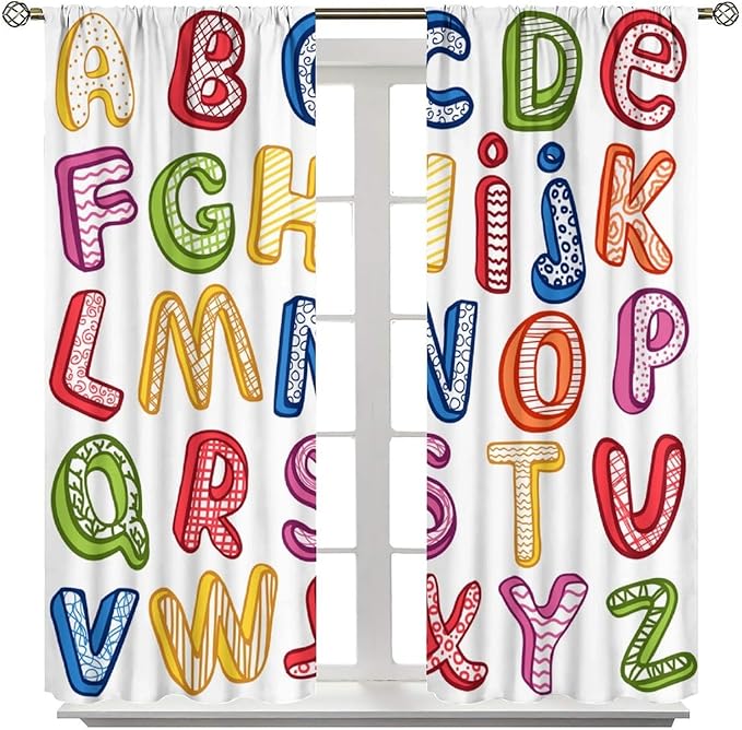BAEKJIN Kids Educational Alphabet Curtains, Hand Drawn Colorful ABC Letters Pattern Print Decor Window Drapes for Bedroom Living Room 42x45 Inch