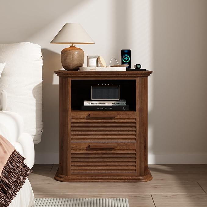 22'' Fluted Nightstand with Charging Station, Modern End Table with 2 Drawers and Open Storage, Wood Night Stand with Round Corner, Side Bedside Table for Bedroom, Living Room, Curved Profile,Walnut