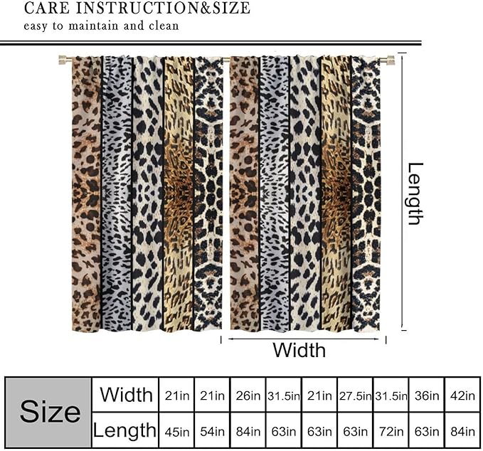 Leopard Print Blackout Curtain, Rustic Wild Animal Skin Farmhouse Fur Leopard Print Drapes, Rod Pocket Window Treatments 2 Panels Curtains for Kitchen Living Room Bedroom Cafe Decor 84"W X 84"L