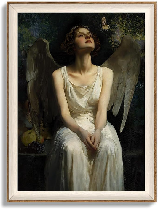 YUEYARIT Framed wall art, vintage wall decor, modern farmhouse style angel decor, canvas printed pictures, suitable for gifts, cottagecore bedroom, bathroom, living room, and office artwork.(12X16)Inch