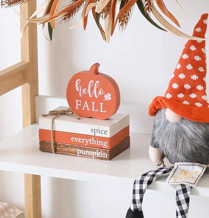 KORMMCO Thanksgiving Fall Wood Book Stack, Fall Thanksgiving Decorations Tiered Tray,Hello Fall Decor, Autumn Mini Faux Decorative,Farmhouse Mini Decorative Books Bundle