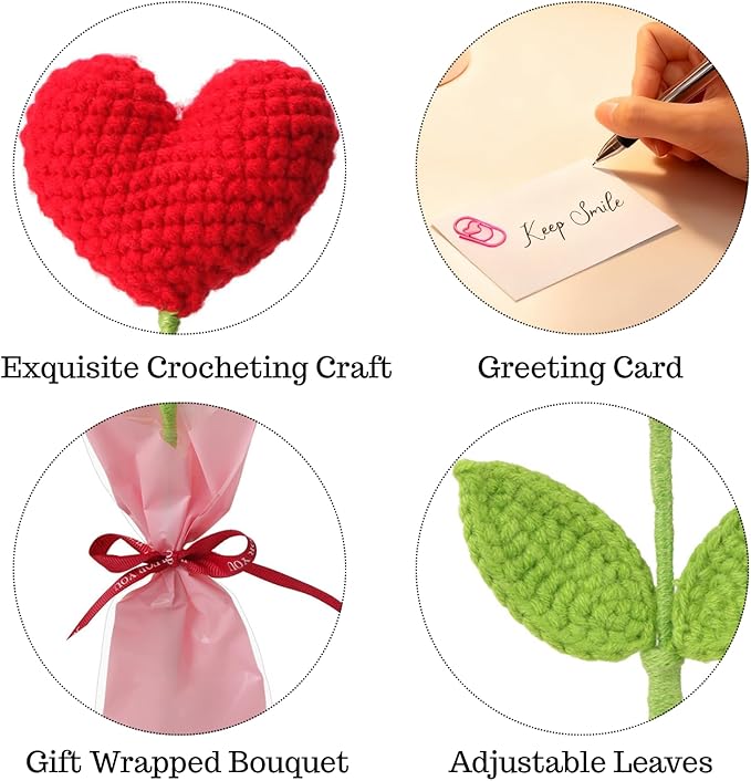 Hand-Crocheted Heart Flower Doll Bouquet - DIY Knitted Desk Decor, Romantic Gift for Girlfriend Valentine's Birthday Anniversary, Home Office Decoration