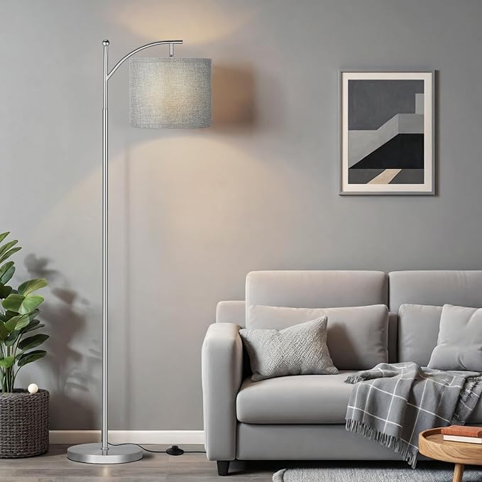60" Floor Lamps for Living Room with 3 Color Temperatures, Adjustable Grey Shade with Silver Pole, Tall Lamps for Living Room Bedroom Office Classroom Dorm Room, 9W Bulb Included