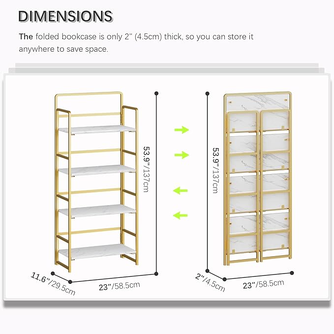 4NM No Assembly Folding Bookshelf, 4-Shelf 54" H Collapsible Foldable Bookcase Storage for Small Spaces, White and Golden
