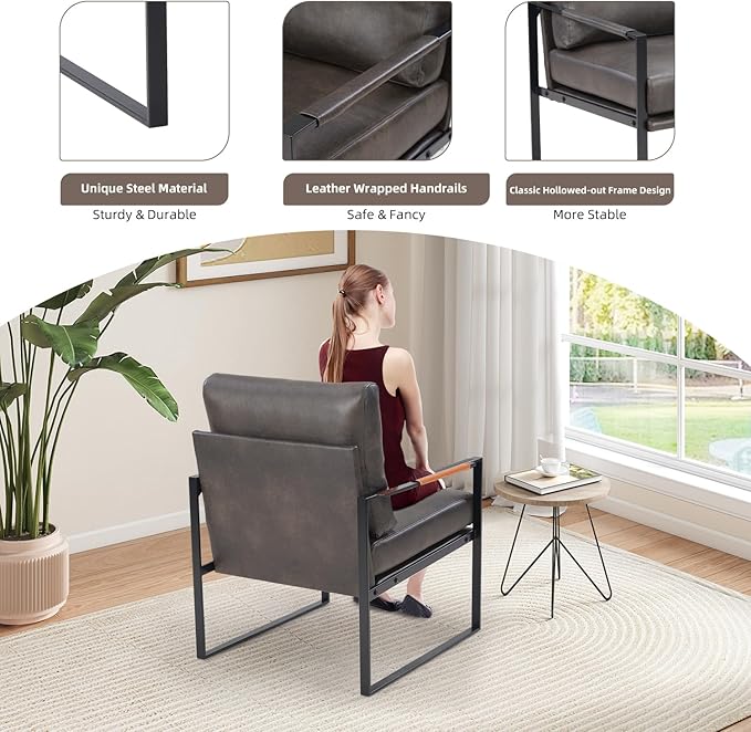 INZOY Mid Century Modern Accent Chair with Removable Cushions Set of 4, Comfy PU Leather Living Room Chairs with Thicker Backrest and Cushion, Metal Frame Design, Dark Grey