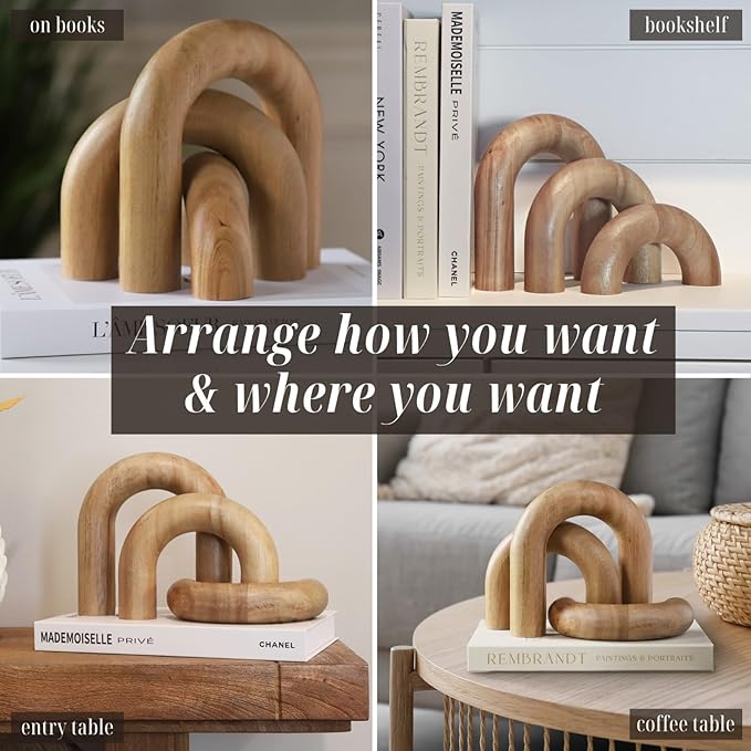 Wooden Arch Decor Set of 3 - Shelf Decor Aesthetic for Coffee Tables, Bookshelves, & Entryways - Acacia Wood Japandi Home Decor Accents - Modern Decorative Objects