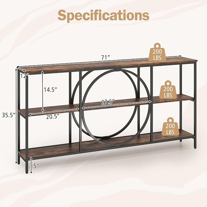 Giantex Narrow Long Console Table, 3-Tier Entryway Table with Faux Wood Grain Top&Heavy-Duty Metal Frame, Mid-Century Accent Sofa Tables with Open Storage Shelves for Living Room, Hallway(Brown+Black)