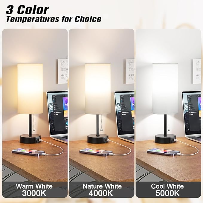 White Table Bedside Lamp for Bedroom Nightstand - Small Lamp with USB A + C Charging Port, 3 Color Temperatures Pull Chain Night Stand Light with Bulb, Side Table Desk Reading Lamp for Living Room