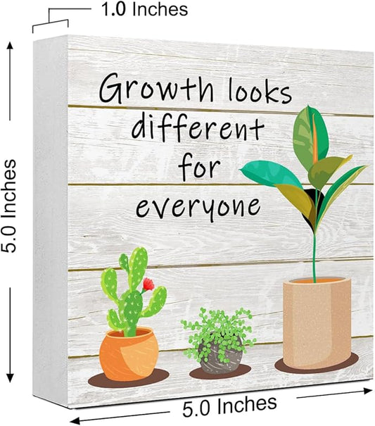 LVQHI Inspirational Wood Block Sign,Growth Looks Different for Everyone Plant Motivational Wooden Block Sign for Home Bedroom Office Desk Table Decor,Inspirational Cheer Up Gift Grain-Grey