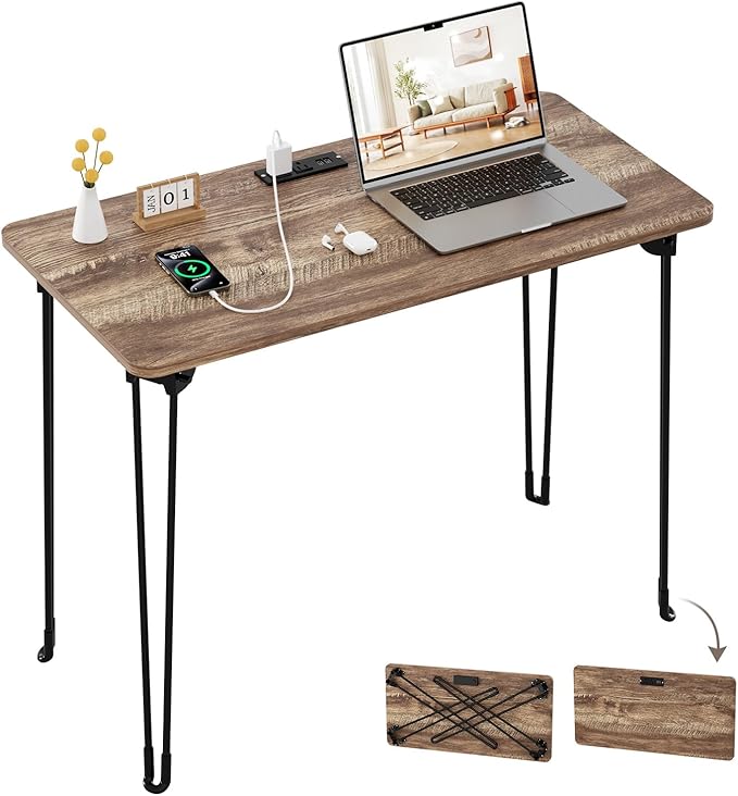 Folding Desk, 31.5" Hairpin Legs Small Desk with Power Strip for Bedroom, Space Saving Foldable Computer Desk for Home Office, No Assembly Need,Light Brown