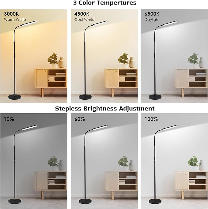 Dimunt LED Floor Lamp, Bright 15W Floor Lamps for Living Room with 1H Timer, Stepless Adjustable 3000K-6000K Colors & Brightness Standing Lamp with Remote & Touch Control Reading Floor Lamps