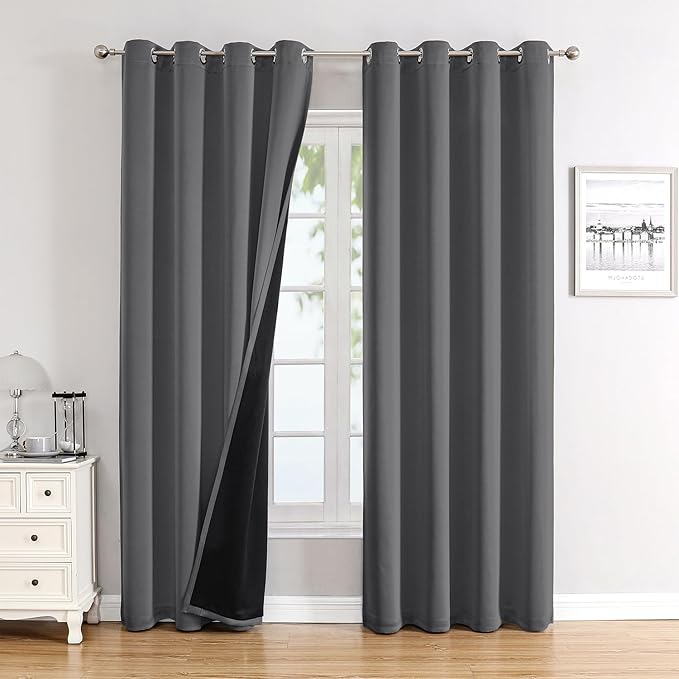 ChrisDowa 100% Blackout Curtains 120 inch Long for Bedroom with Black Liner, 2 Thick Layers Total Blackout Thermal Insulated Grommet Long Window Curtains 2 Panels Set (Grey, 52 x 120 Inch)