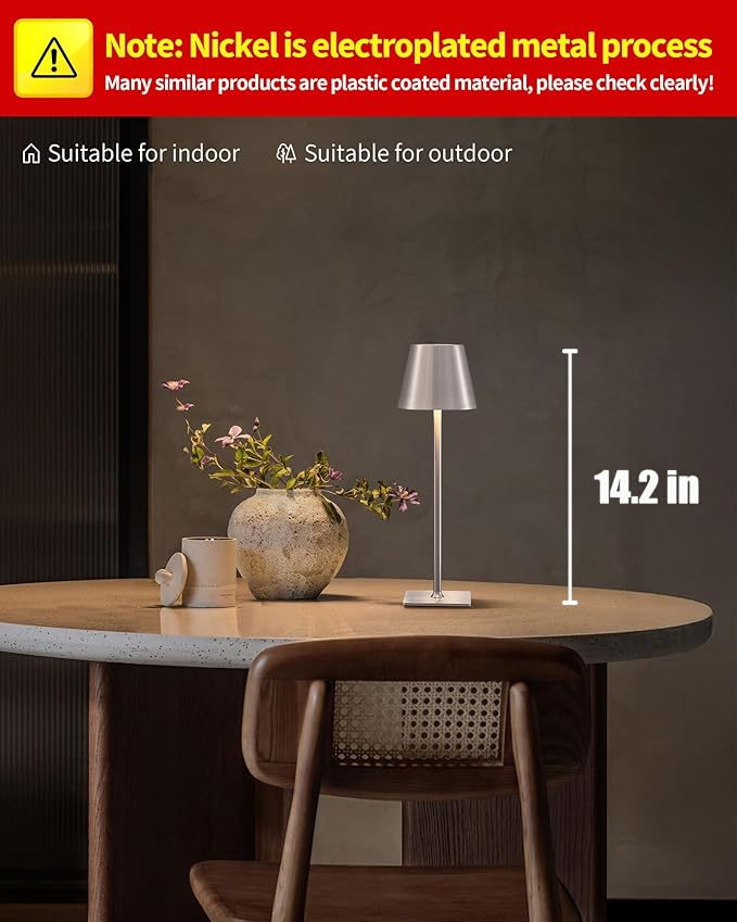 KDG 2 Pack Cordless Table Lamp,Portable LED Desk Lamp, 4000mAh Battery Operated, 3 Color Stepless Dimming Up, for Restaurant/Bedroom/Bars/Outdoor Party/Camping/Coffee Shop Night Light(Brushed Nickel)