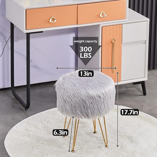 Mxfurhawa Faux Fur Storage Ottoman Round Furry Vanity Stool Marble Grain Tray Coffee Table Compact Footrest Stool with 4 Metal Legs Soft Makeup Seat Foot Stools for Living Room Bedroom Entryway Grey