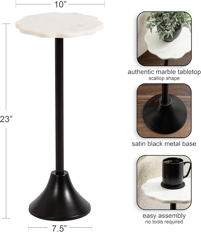 Kate and Laurel Sanzo Modern Pedestal Drink Table, 10 x 10 x 23, White Marble and Black, Decorative End Table with Scalloped Marble Tabletop for Use as Small Plant Stand or Cute Martini Table