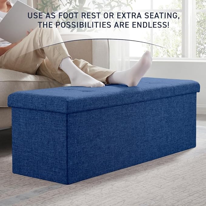 Ornavo Home 43 Inch Folding Storage Ottoman, Long Large Storage Ottoman Chest, Foot Rest Stool, Bedroom Bench - (Navy)