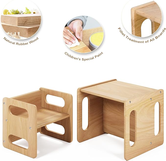 Montessori Weaning Table and Chair Set,Real Hardwood, Desk for Toddler Reading,Snack Time,Playroom,Activity Cube,Step Stool,1-3 Year Old Kids Montessori Furniture