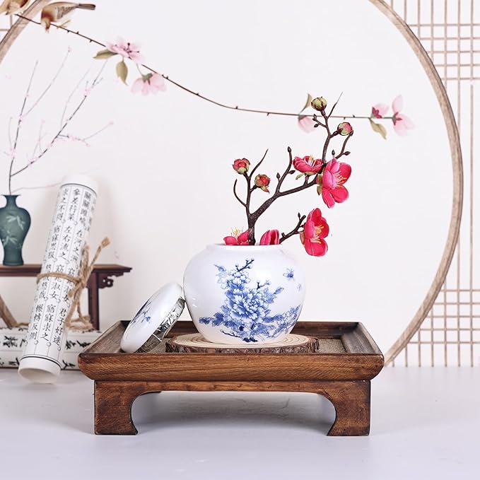 XINGYAN Chinese Traditional Blue and White Porcelain Ceramic Small Ginger Jar with Lid,for Tea Storage,Home Decorative,Home Decor Jar,Bud vase (Model-7)