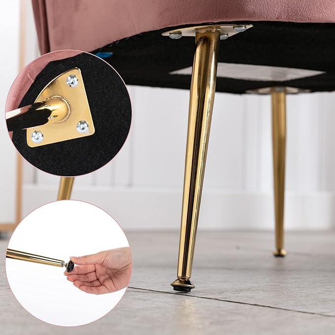 Velvet Accent Chairs Set of 2 Comfy Living Room Chair Armless Slipper Chair Mid Century Side Single Sofa Chair with Golden Legs Wingback for Bedroom Guest Room, Pink