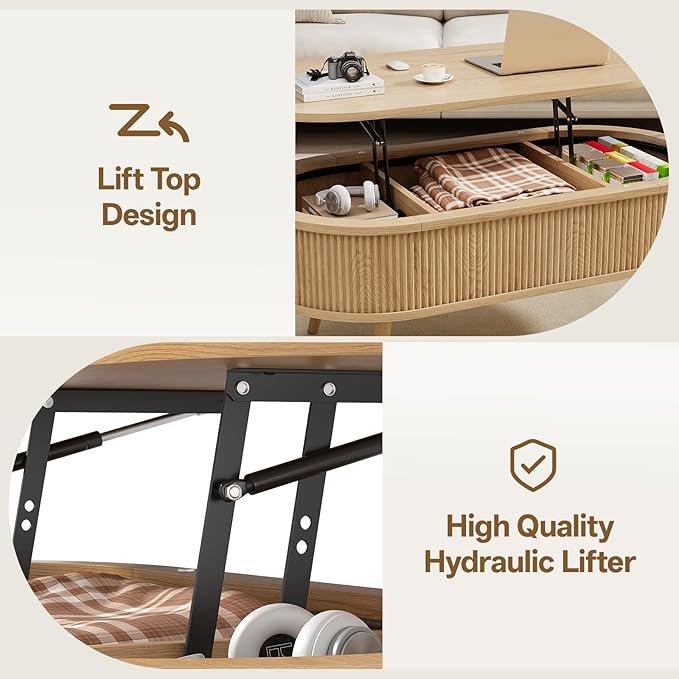 Mid Century Oval Coffee Table, Fluted Center Table with Lift Top, Modern Dining Table with Storage for Living Room Home Office, 39.4", Oak