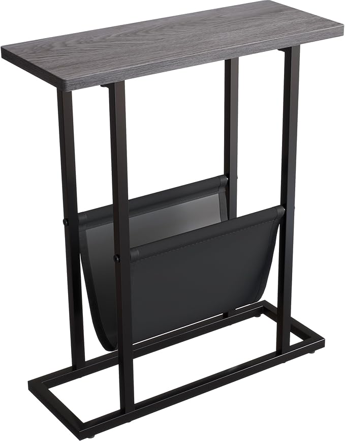 Yusong Small Narrow Side Table for Small Spaces, 17.7" W Slim End Table Magazine Table Nightstand with Storage Holder, Accent Skinny Snack Couch Bedside Table, Grey, Complete Iron Pipes