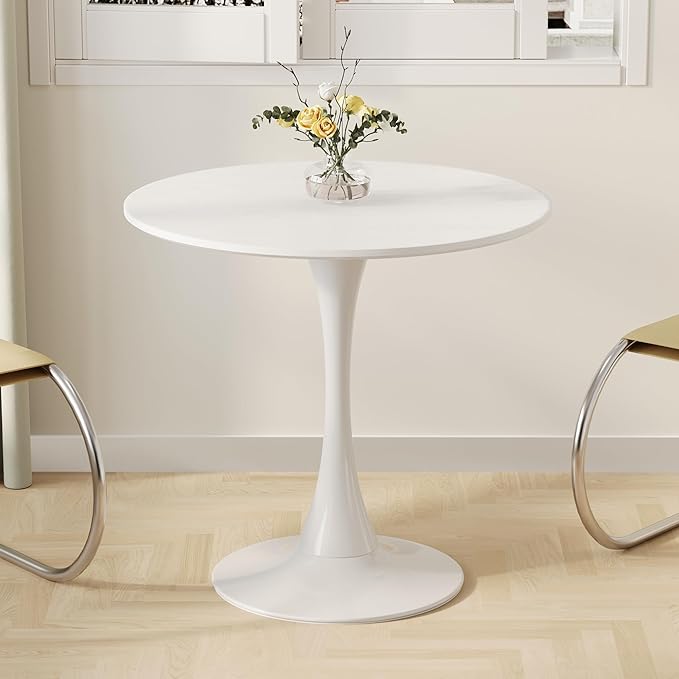 Round Dining Table, Modern Tulip Table, 31.5'' Mid-Century Round Leisure Table with Metal Base for 2-4 Person, Suitable for Living Room, Kitchen, Cafe and Home Office(White Wood Grain, 31.5 in)
