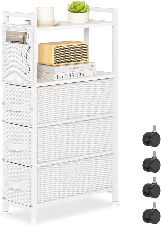 3 Drawer Small Narrow Side End Table for Small Spaces, Slim Nightstand Bedside Sofa Table with Wheels, Space Saving Skinny Thin Couch Desk with Storage Bag for Bedroom Living Room Bathroom,White