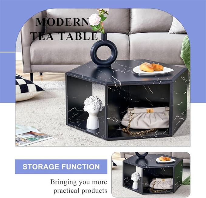 Modern Faux Marble Coffee Table with Storage, Geometric Living Room Table, Black Hexagon Tabletop with Compartments for Books, Decor & Drinks