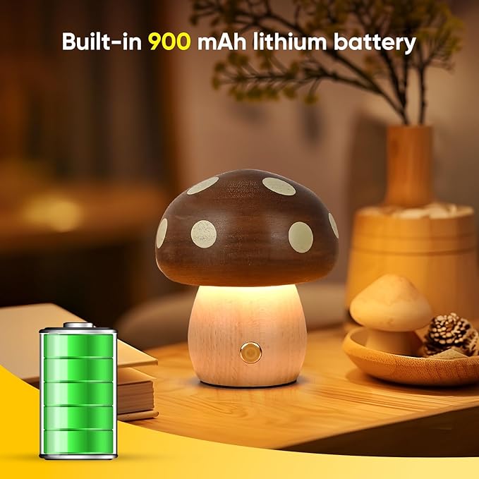LED Wooden Mushroom Lamp, Rechargeable Battery Operated Portable Cordless Touch Switch Small Lamp, Stepless Dimming Night Light for Birthday Gifts