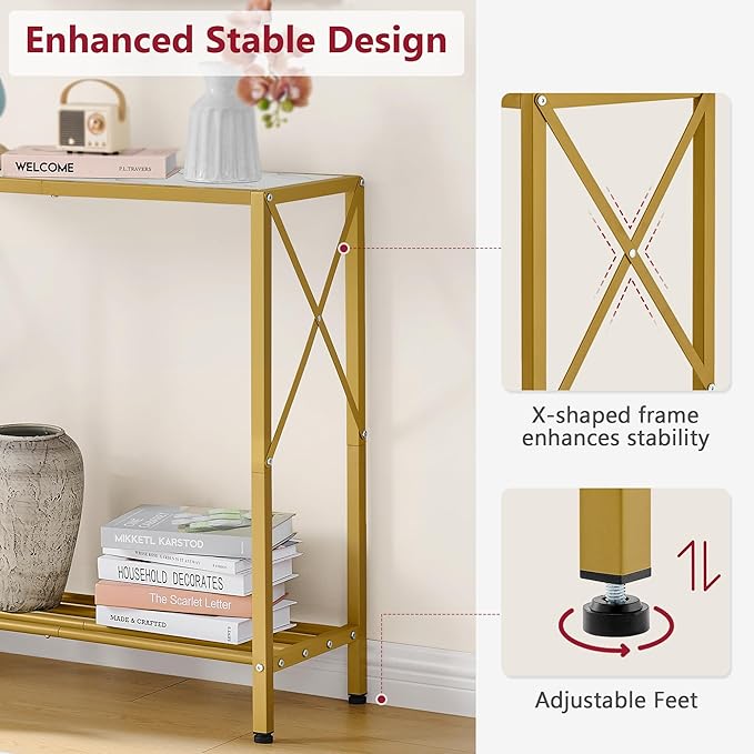 Tajsoon 28.3" Entryway Table, 2-Tier Small Consle Table for Entryway, Narrow Sofa Table with Shelves, Entrace Table for Hallway, Living Room, Corridor, Office, Gold & White
