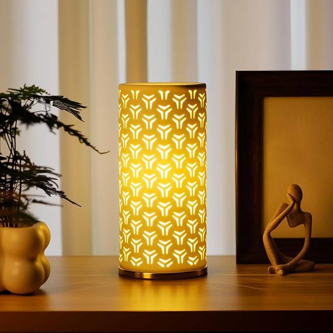 Small Modern Ceramics Bedside Table Lamp, 4.5 x 4.5 x 9.75 Inch White Triangle Style Nightstand Lamps, Side Table Lamps for Bedroom Living Room Entryway Table Light