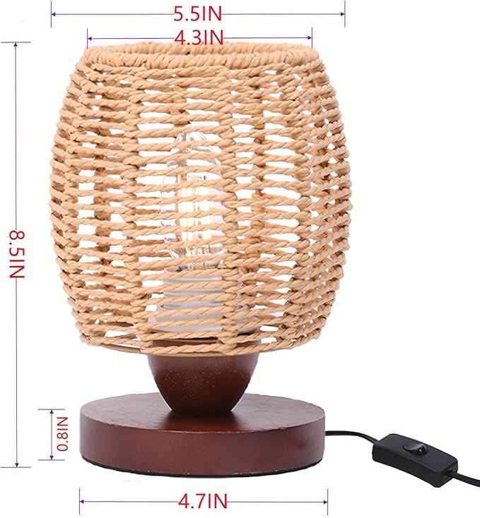Rattan Table Lamp,Boho Small Beside Lamp,Farmhouse Table Lamp for Room Decor,Vintage Wicker Wooden Nightstand Bamboo Woven End Table Lamps for Bedroom Living Room Desk Kids Room,LED Bulb Included