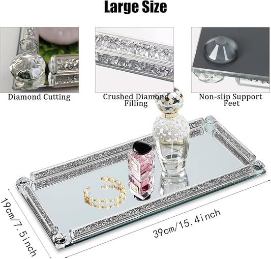 Mirror Perfume Tray for Dresser,Crushed Diamond Filled Glass Vanity Tray, Silver Decorative Bathroom Tray,Crystal Tray for Home Decorative,Party,Hotel Banquet,15.4x7.5x1inch