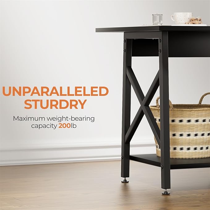 GreenForest End Table 24 inch for Living Room, Large Square Side Tables with X-Frame, Tall Industrial Bedside Nightstand with 2-Tier Storage, Black