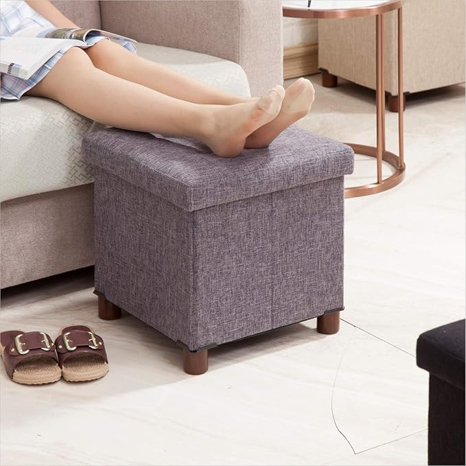 15 Inch Storage Ottoman with Wooden Legs - Cube Foot Rest Stool, Square Footstool, Comfortable Seat with Lid, Foldable Fabric Ottoman, Space-Saving Grey