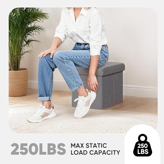 PINPLUS Storage Ottoman Cube Square Shaped Ottomans with Storage Foot Stool Footrest for Lving Room Boucle Ottoman Seat for Dorm Room,Faux Teddy Fur Grey,11.8"x11.8"x11.8"